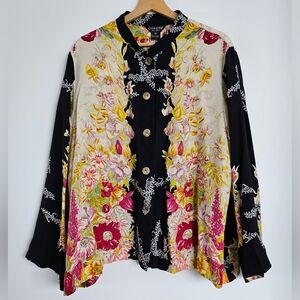 Citron Floral Long Sleeve Multi Color 100% Silk Jacket Top Sz 2X